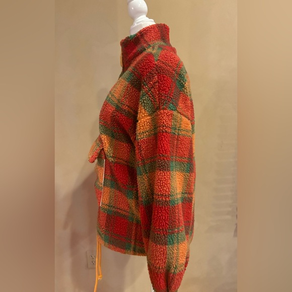 Urban outfitters J.O.A Plaid Polar Fleece 1/2 zip Jacket Oranges Shepra size XS - Picture 15 of 15
